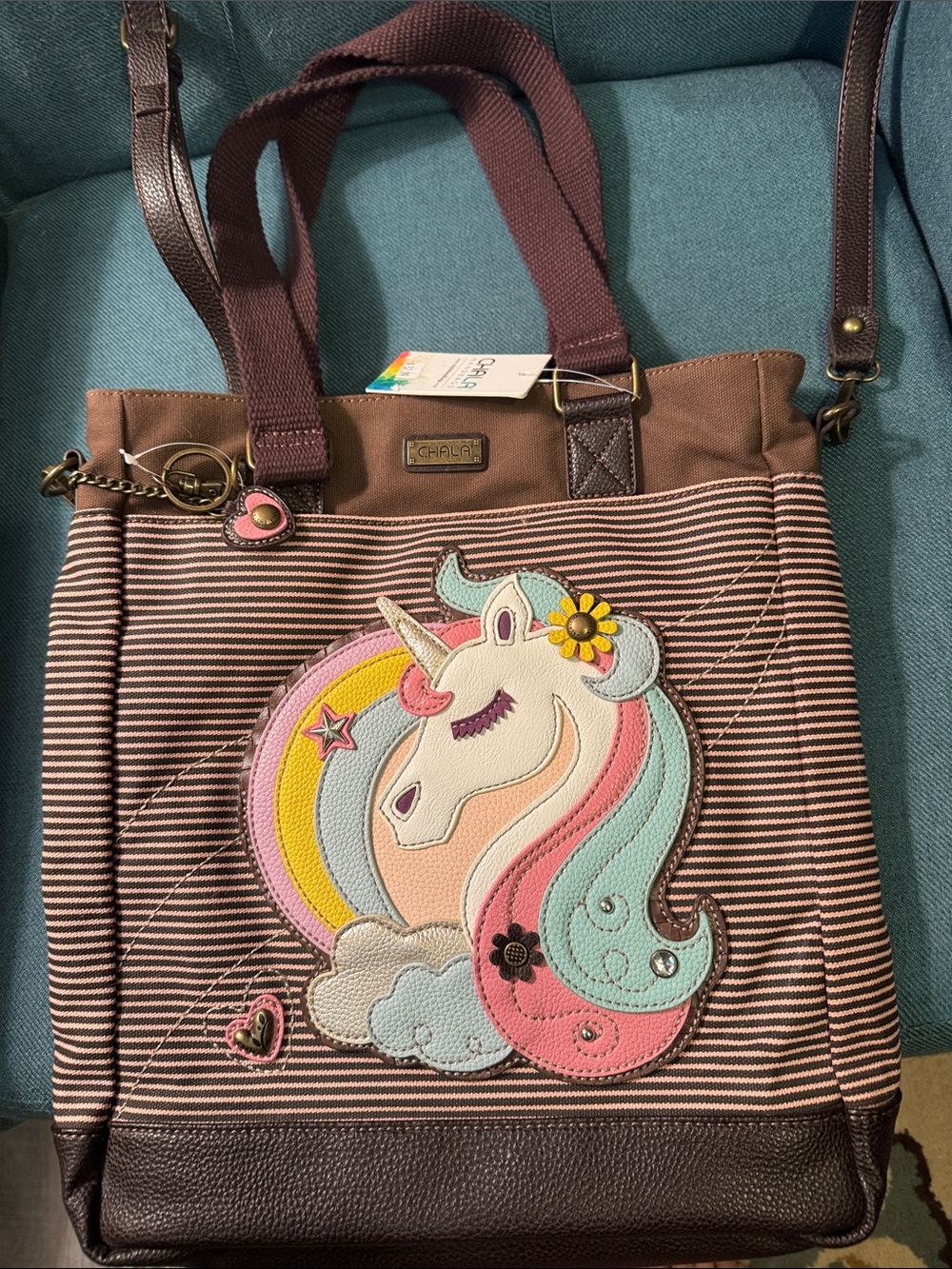 Chala Brown Striped Tote with Pastel Unicorn Applique